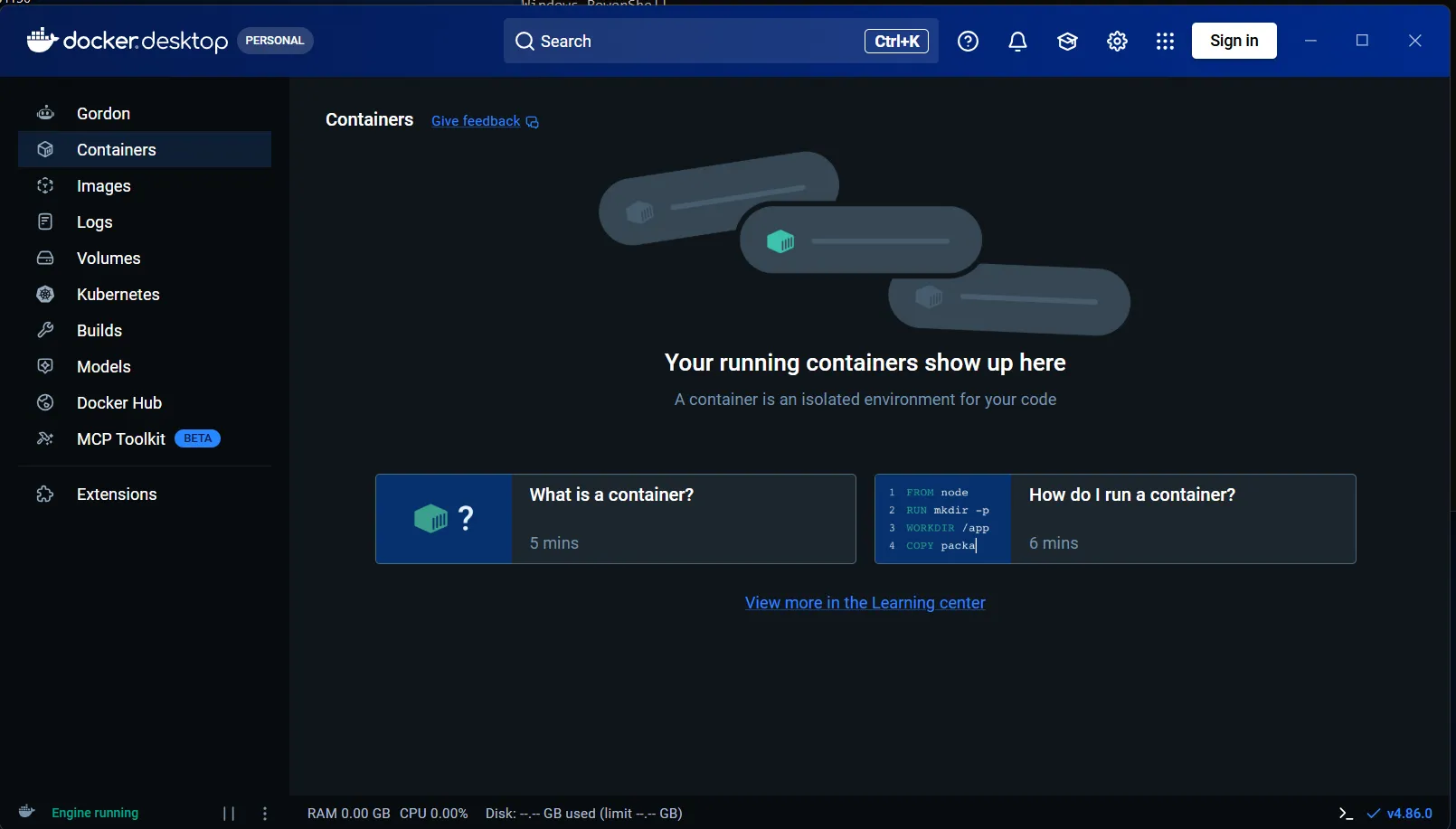 Docker Desktop ouvert sur la page Containers, avec la mention Engine running en vert en bas à gauche
